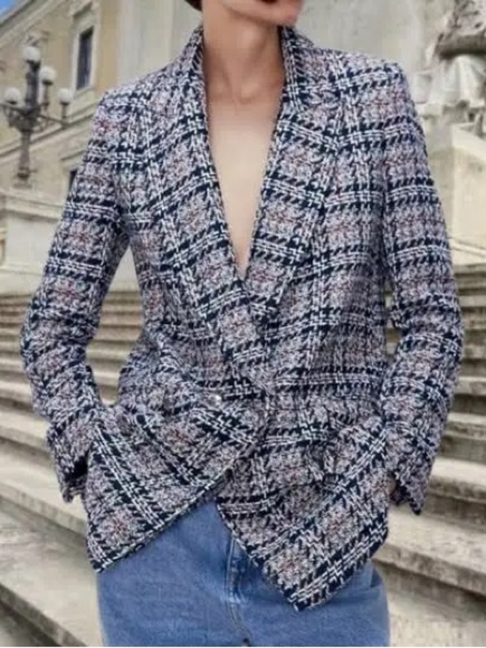 ZARA Women’s Tweed Plaid Blazer Jacket - Navy White Red